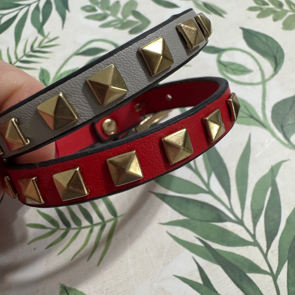 Studded Leather Bracelet Set - Red and Gray